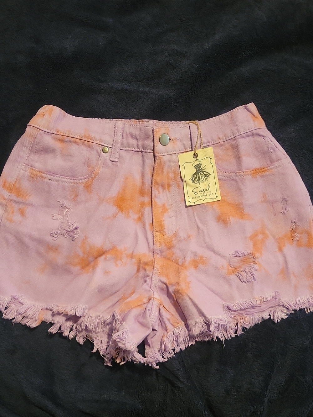 Easel Tie-Dye Lavender & Orange Frayed Hem Women's Denim Shorts
